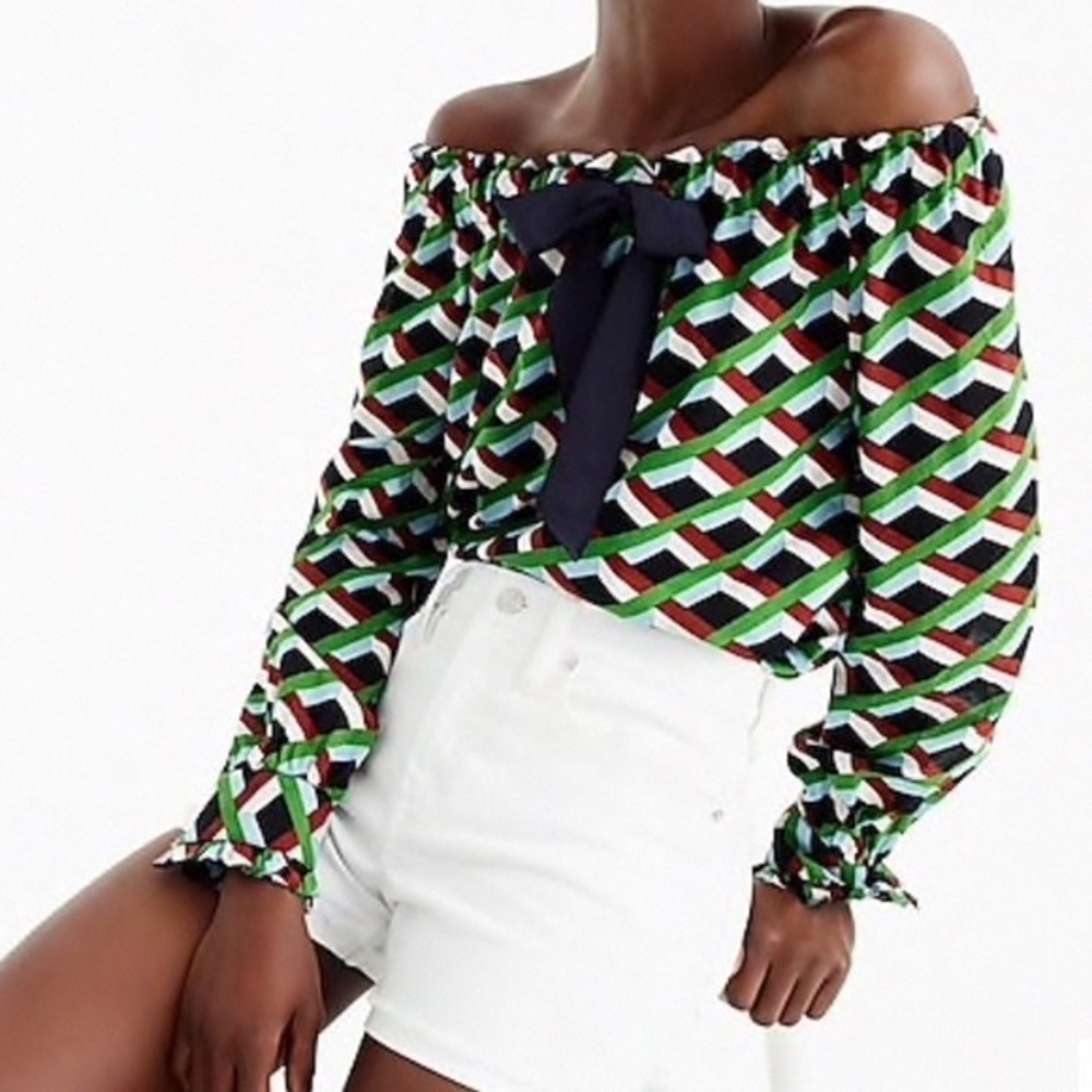 Off-Shoulder Geometric Print Top with Bow
